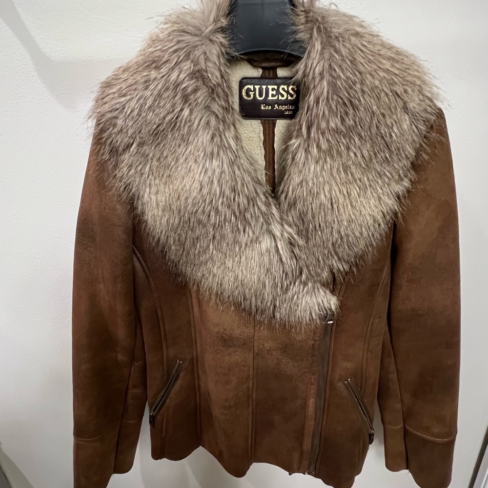 GUESS Faux Shearling Jacket Brown Moto Fur Collar